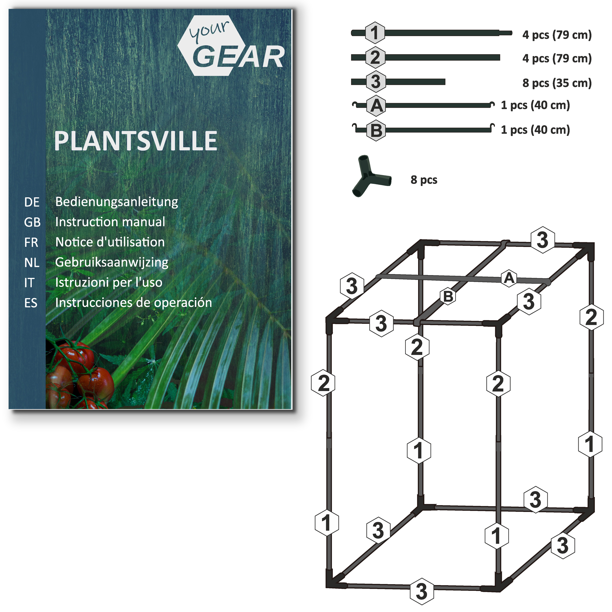 Manuale e schema di montaggio della growbox yourGEAR Plantsville 40x40x160 cm, con elenco dei tubi, connettori e istruzioni multilingue per l'assemblaggio della serra indoor per coltivazione domestica.