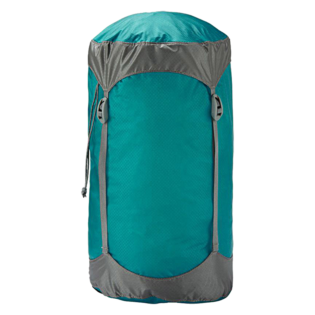 Lightweight Trekmates 8L nylon compression dry sack in teal with grey accents, featuring four adjustable straps, drawstring closure, durable Cordura fabric, and water-resistant design for sleeping bags or gear.