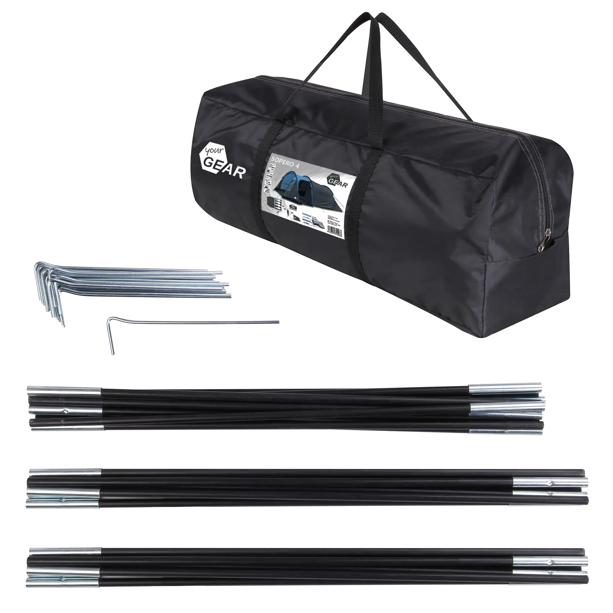 Tragetasche für your GEAR Sopero 4 Tunnelzelt, daneben Zeltgestänge aus Fiberglas und Metall sowie Heringe und Aufbauwerkzeug, ideal für 4-Personen-Camping, kompakt verpackt.