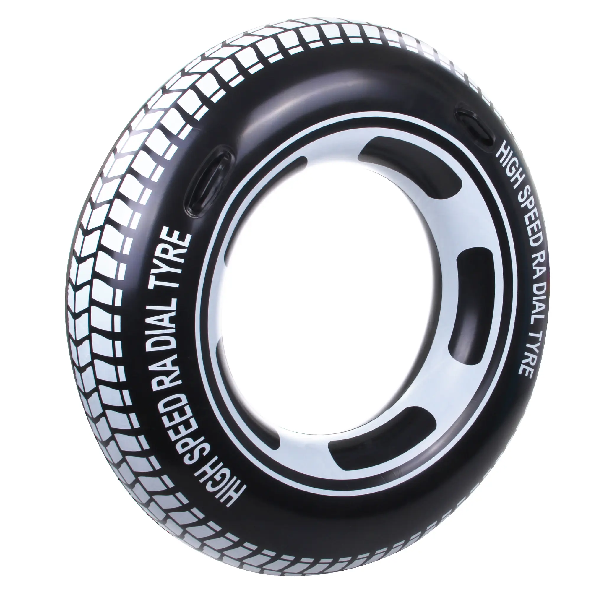 Anello gonfiabile Jilong XL a forma di pneumatico, design nero con stampa “HIGH SPEED RADIAL TYRE”, dimensioni Ø 110 x 25 cm, ideale come seduta o gioco da piscina per adulti e bambini.
