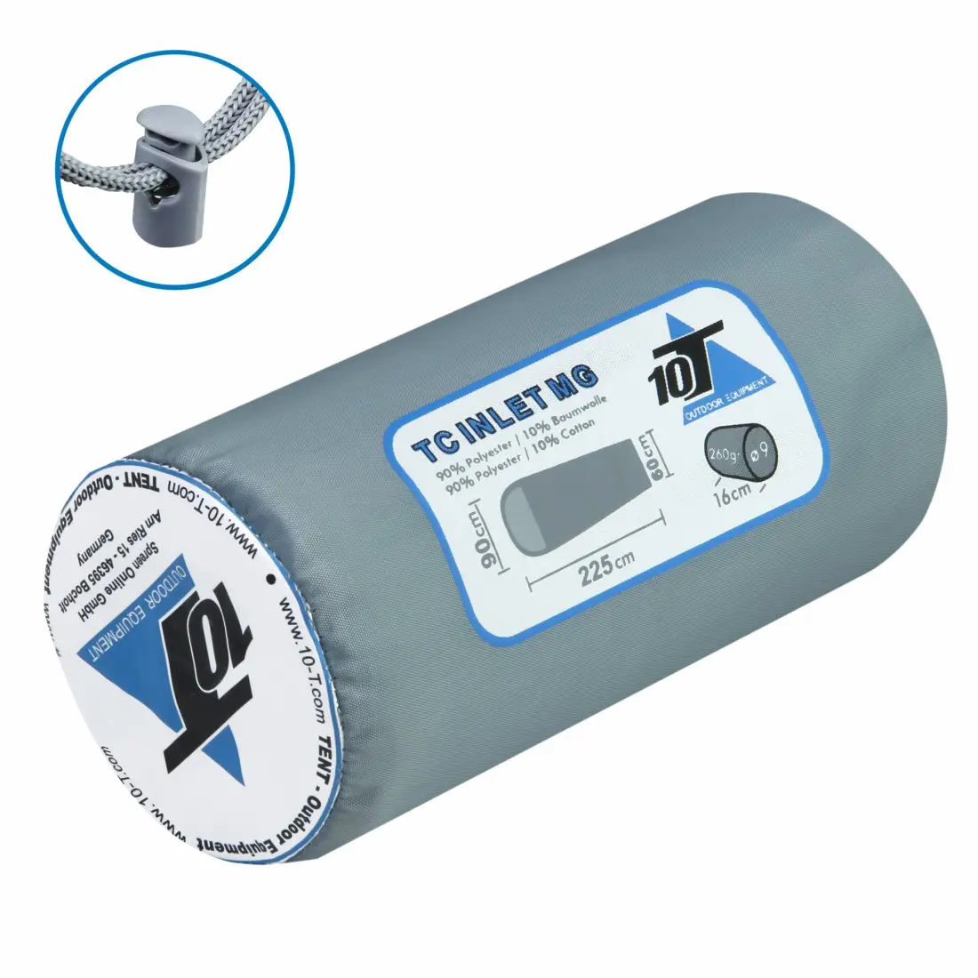 10T TC INLET MG sleeping bag liner in green, packed in a compact cylindrical bag, shows dimensions 225x90 cm, made of 90% polyester and 10% cotton, ideal for travel, hostels, and huts.