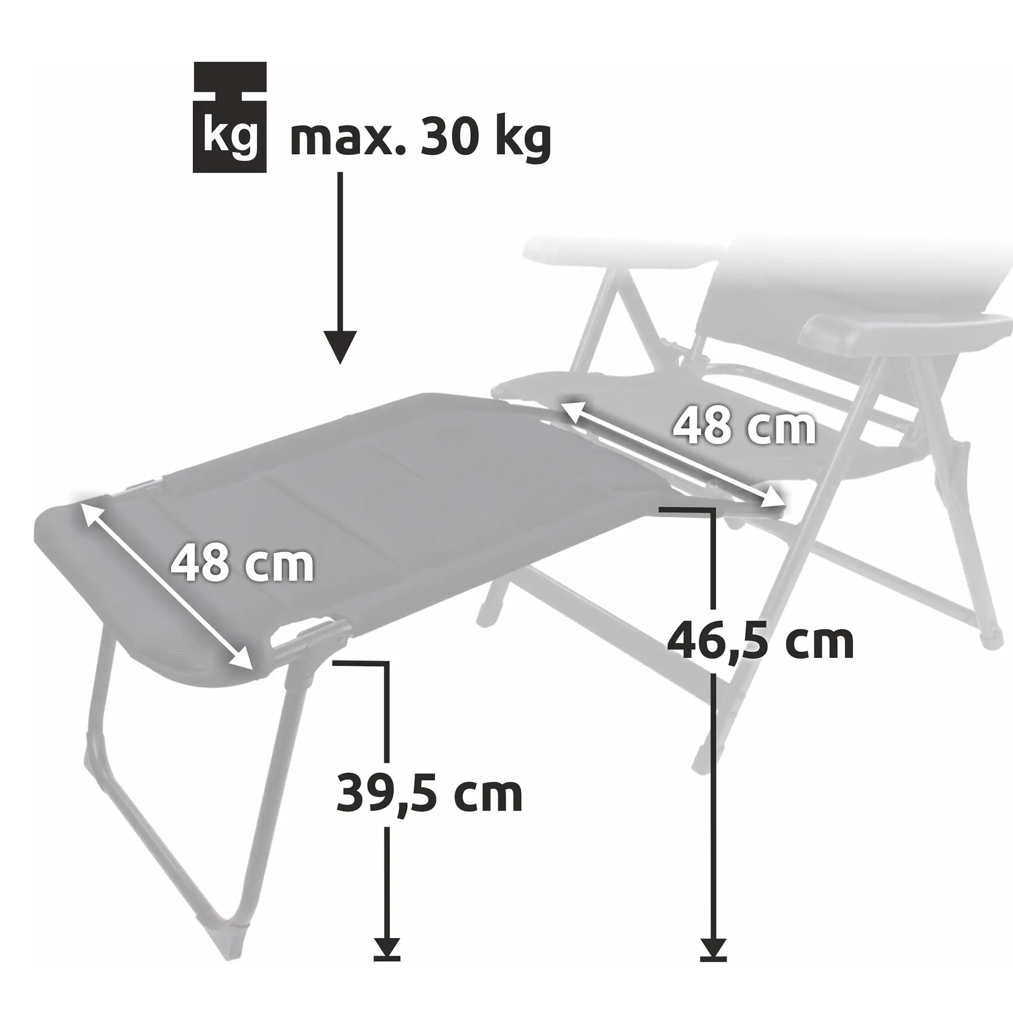 Repose-jambes yourGEAR Sovana 3D en mesh 48x48 cm, cadre aluminium, supporte jusqu’à 30 kg, dimensions et attaches visibles, conçu pour chaise de camping Sovana 3D, couleur sombre.
