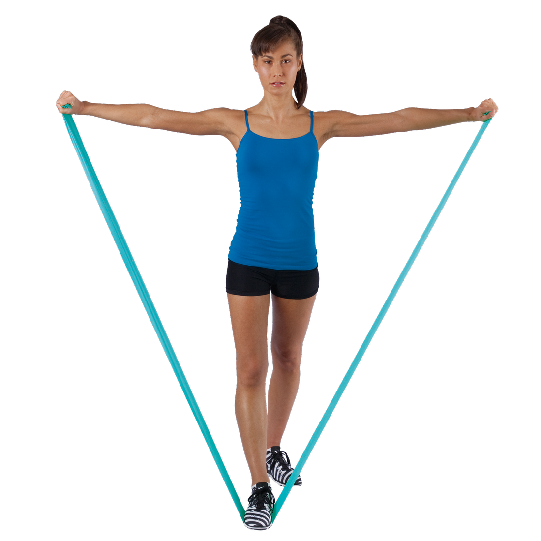 Donna che traina uno Spirit Fitnessband 13,5 kg, elastico ginnico blu latex free di 183x10 cm, ideale per esercizi di resistenza, tonificazione e allenamento di tutto il corpo.