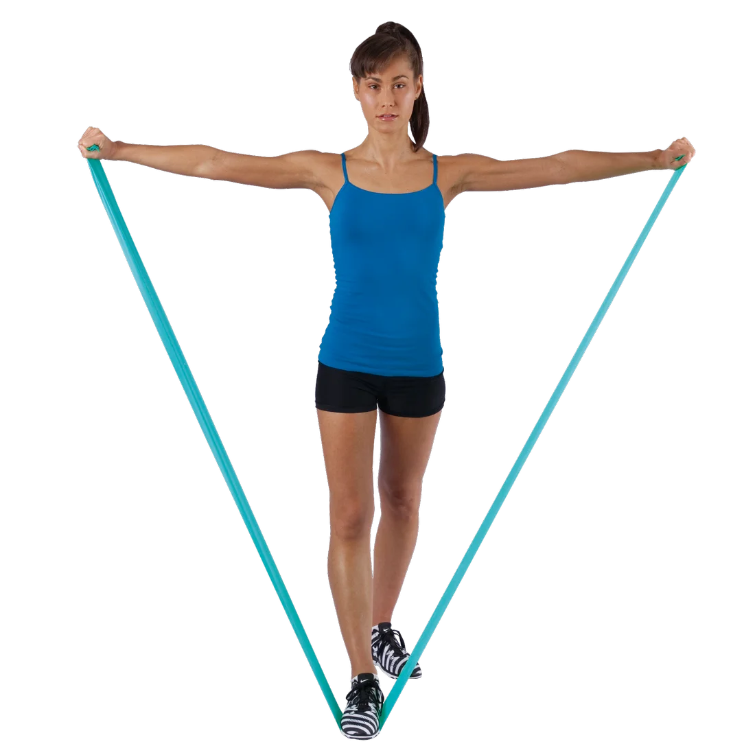 Woman exercising with a turquoise Spirit Fitnessband, 183x10 cm, latex-free, 13.5 kg resistance, stretched between hands and under one foot; suitable for versatile strength and rehabilitation training.