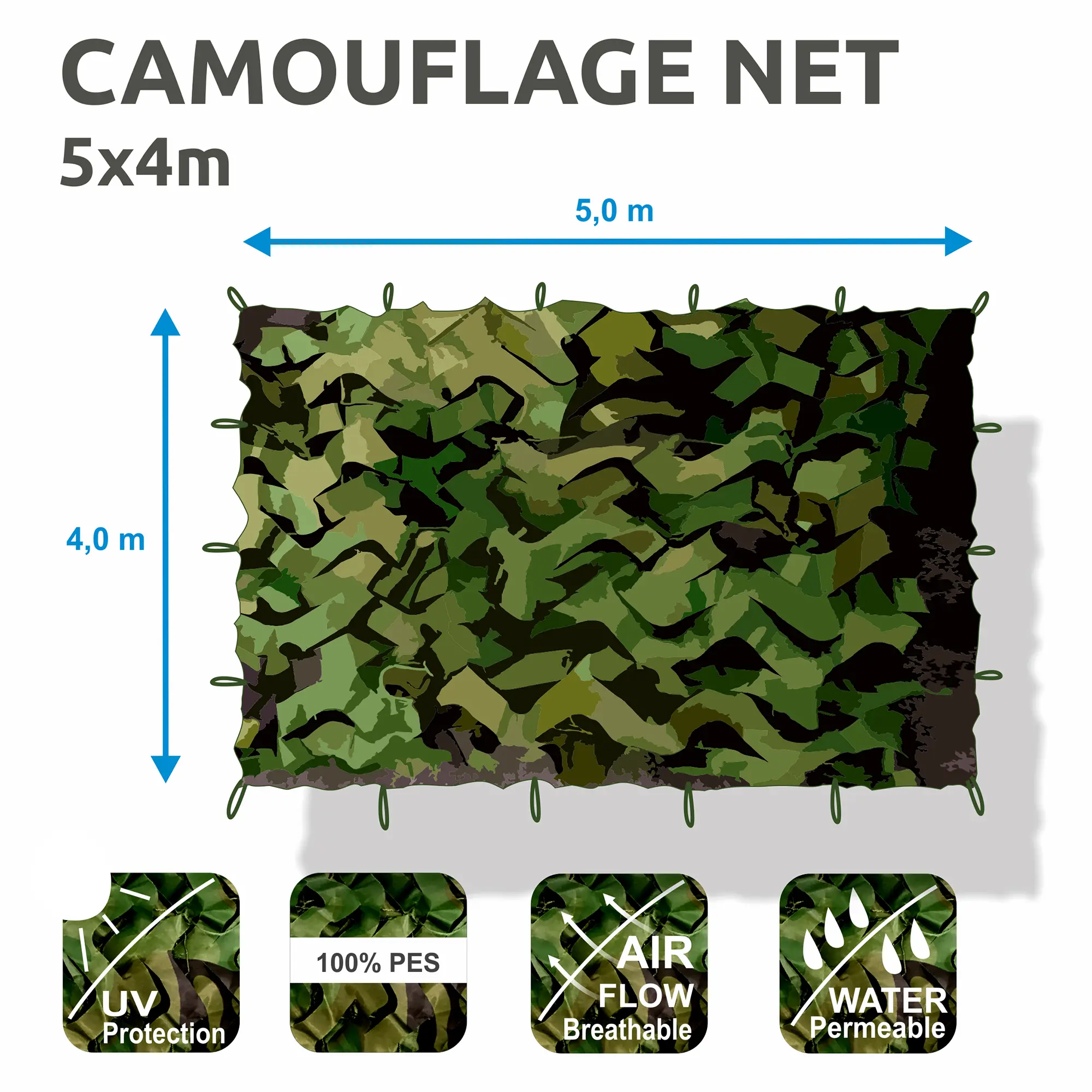 Red de camuflaje yourGEAR 5x4 m, diseño militar verde, transpirable, resistente al agua y a los rayos UV, fabricada en 100% poliéster, ideal para sombra, protección visual y uso exterior.