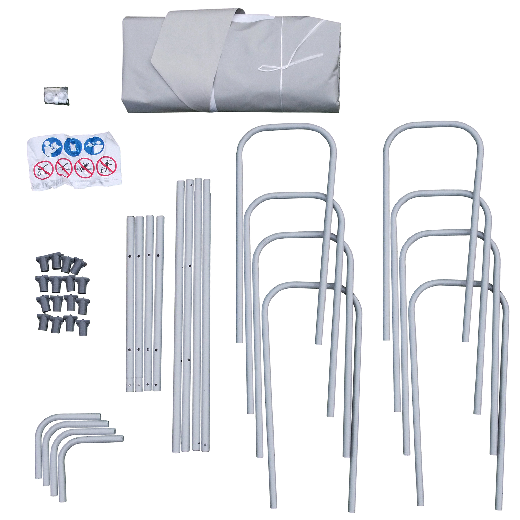 Kit di montaggio del your GEAR Familien Pool 3x2x1m con telaio in acciaio, liner in vinile grigio, tubi metallici, raccordi ad angolo, connettori e istruzioni visibili su sfondo bianco.