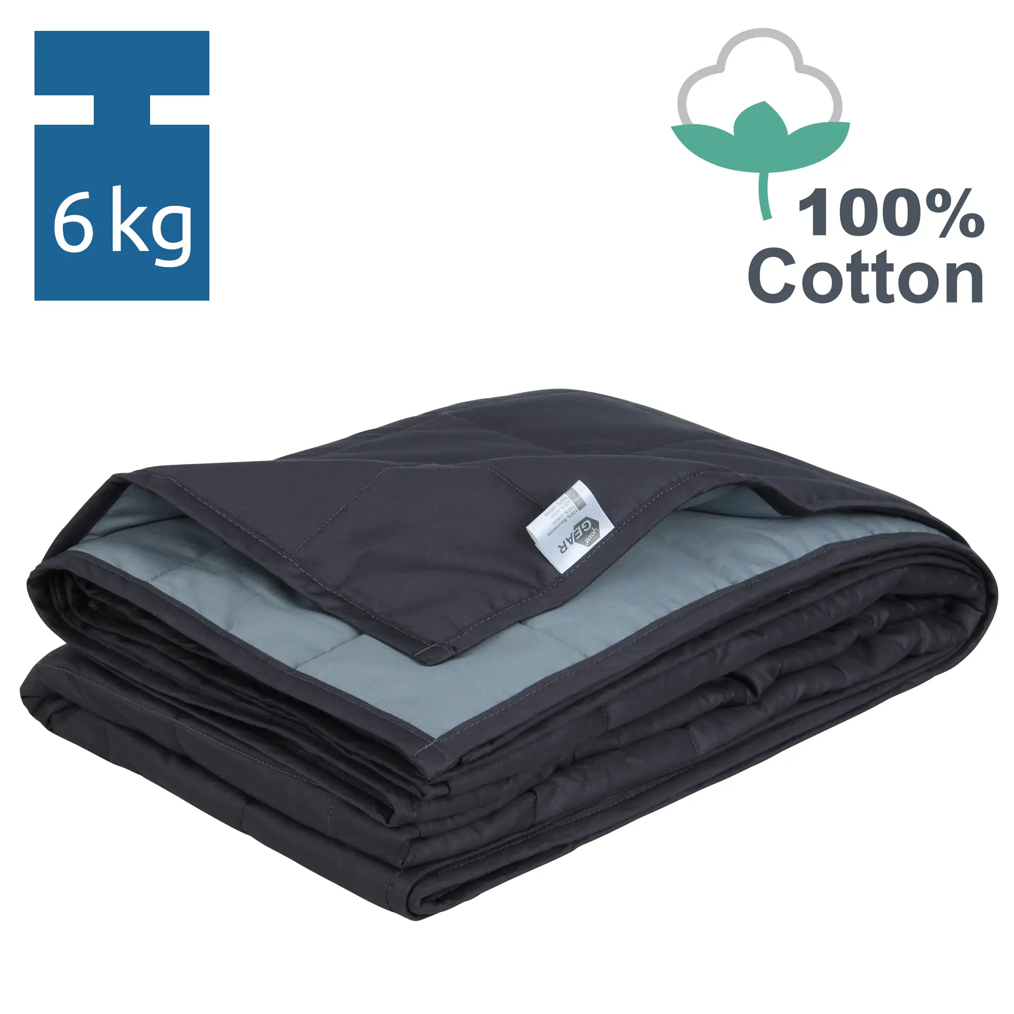 Copriletto ponderato yourGEAR Como da 6 kg, dimensioni 135x200 cm, realizzato in 100% cotone, colore grigio scuro, piegato e mostrato con simboli di peso e cotone sulla parte superiore.