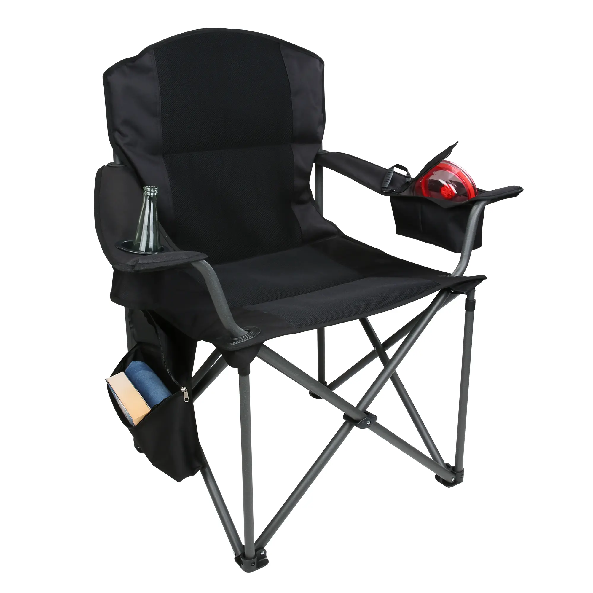 Campingstuhl your GEAR Fano aus schwarzem 3D-Mesh, gepolstert, mit stabilem Rahmen, Getränkehalter, Kühltasche und Organizer an den Seiten, belastbar bis 250 kg, klappbar für Outdoor-Einsatz.