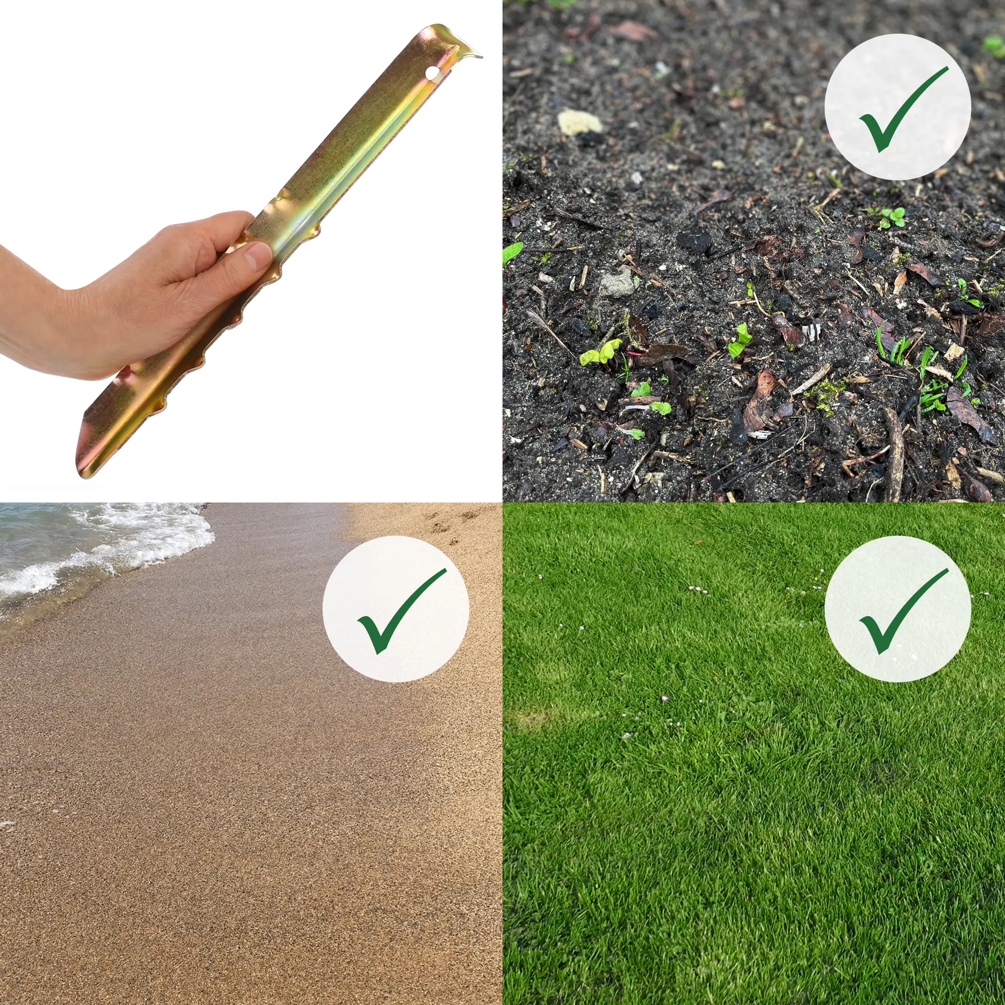 Zelthering aus Stahl mit V-Profil und Widerhaken, 300 mm lang, von Hand gehalten; geeignet für Erde, Sand und Rasen, jeweils mit grünem Häkchen für verschiedene Untergründe.