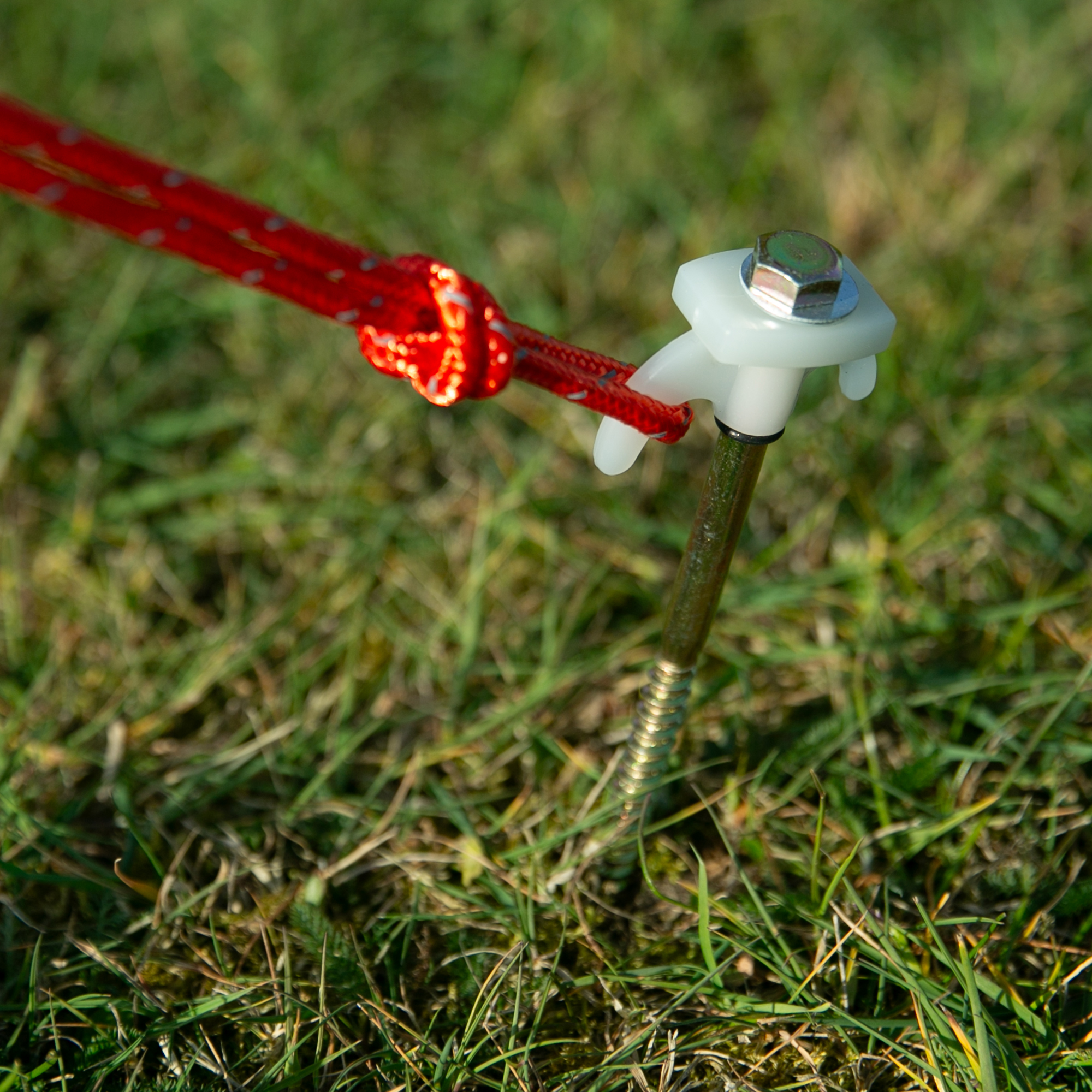 Robuster your GEAR Schraubhering aus Stahl mit fluoreszierendem Kunststoffkopf, Sechskantkopf und Gewinde, im Gras befestigt, rote Abspannleine eingehängt – ideal für Zelte, Camping und harten Boden.
