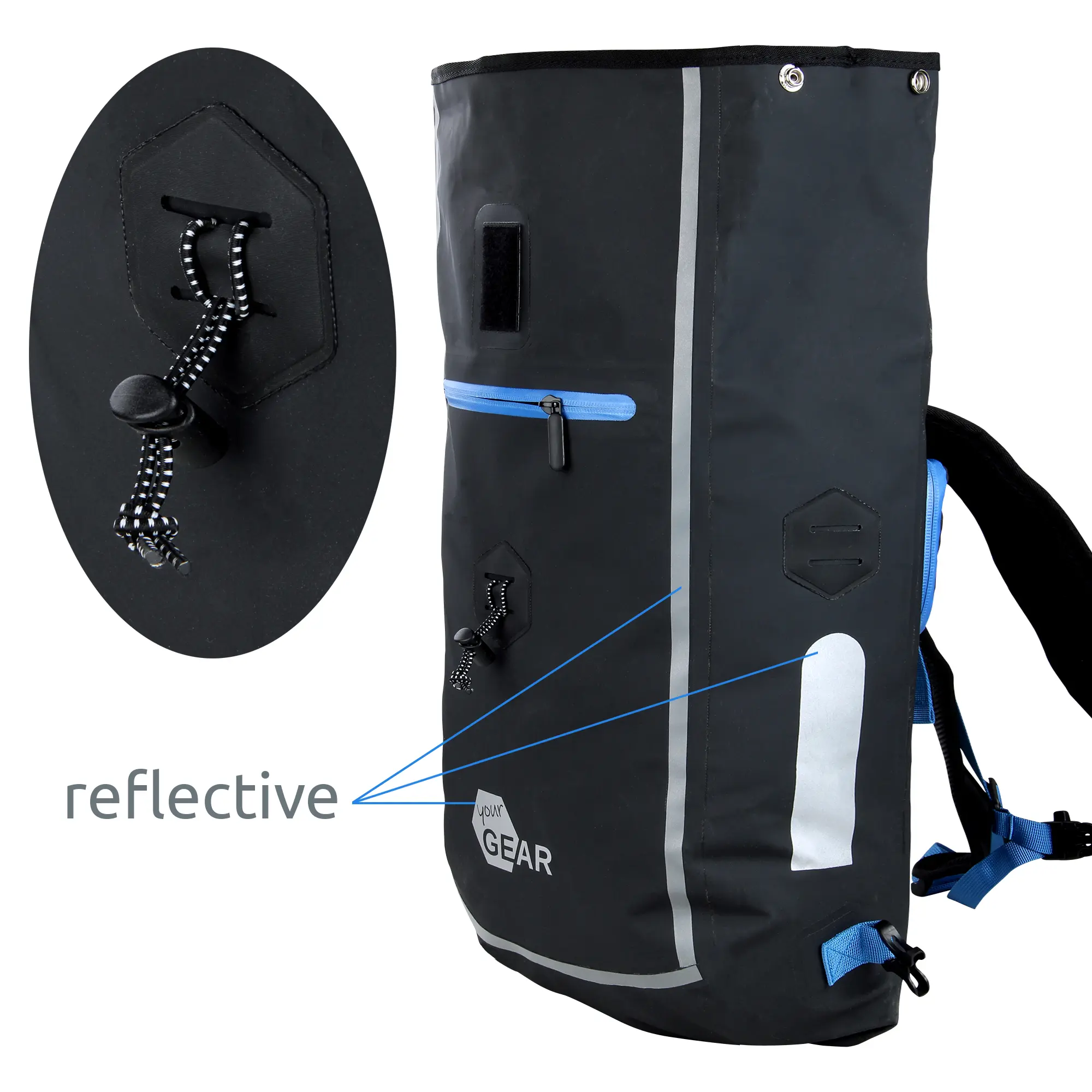 yourGEAR Comano 23L 3-in-1 waterproof bike pannier, backpack and laptop bag in black, with blue zippers, reflective strips, adjustable straps, and close-up of attachment hook system.