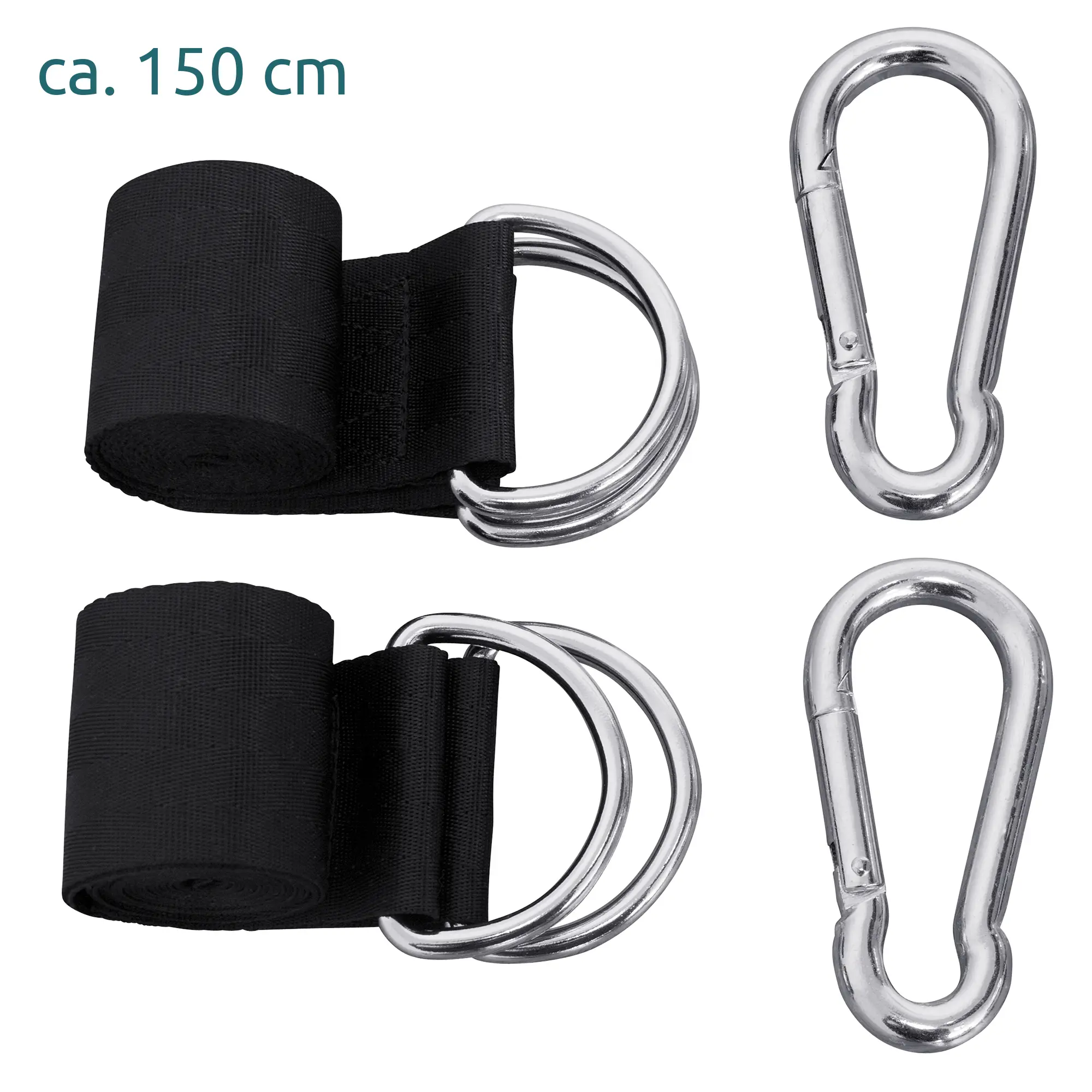 yourGEAR Kauai hammock mounting set with two black straps (approx. 150 cm each), two metal D-rings, and two silver carabiners, suitable for securely attaching a hammock indoors or outdoors.