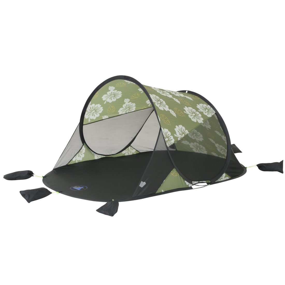 Grüne 10T Pop Up Strandmuschel Flower mit Blumenmuster, UV 50+ Sonnenschutz, großer Bodenplane, schwarzem Gestänge, Sandtaschen an den Ecken, geeignet für 2 Personen, ideal als Wind- und Sonnenschutz am Strand.