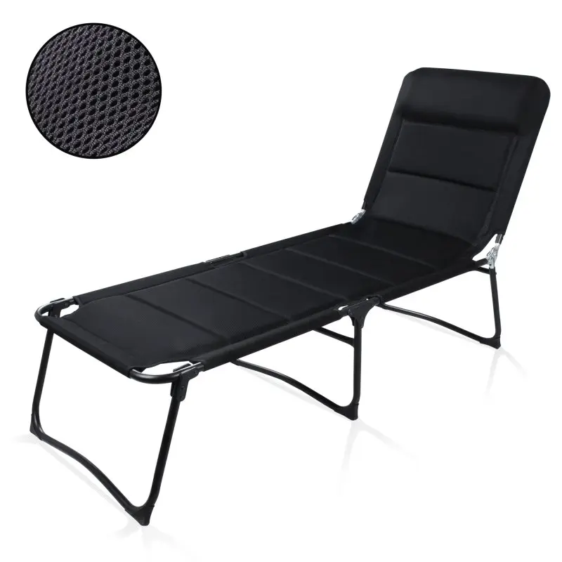 Chaise longue yourGEAR Salina 3D noire, rembourrée, avec structure en aluminium pliable, revêtement mesh 3D à séchage rapide, dossier inclinable, conçue pour jardin ou camping, détail du tissu visible.