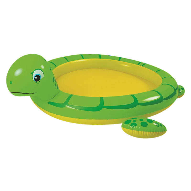 Piscine enfant Jilong Turtle Spray Pool 215x189 cm, gonflable, en forme de tortue verte avec tête et pattes, fond jaune, avec fonction arrosage, raccordement tuyau d’arrosage, design ludique pour jardin.