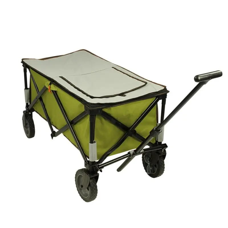 Carro plegable 10T Cooler Trolley verde con estructura negra, ruedas robustas, asa extensible y compartimento térmico con tapa gris, ideal para playa, picnic o actividades al aire libre.