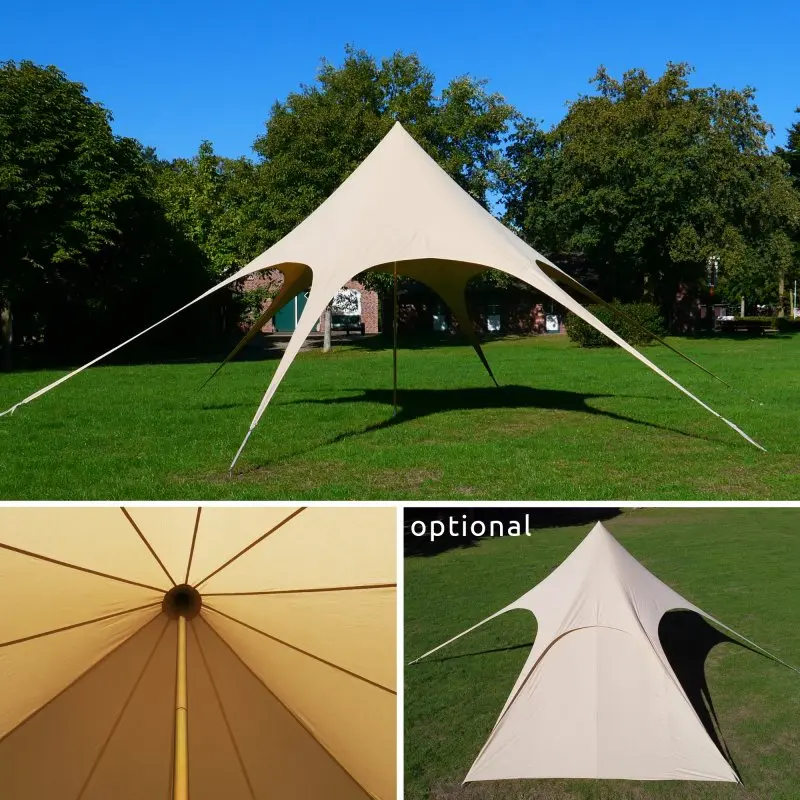 Tente étoile your GEAR Sonora Ø 10 x 4 m en toile beige, structure pyramidale avec mât central robuste, six points d’ancrage au sol, offrant un grand abri ombragé pour événements extérieurs.