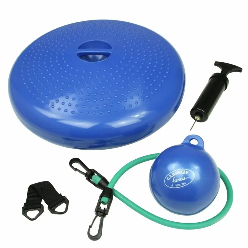 Carnegie O² Balance Pilates Sitz-Kissen Set in Blau mit genoppter Oberfläche, Expanderband, Gewichtsball, Handpumpe und Befestigungsband für Fitness, Koordination und Krafttraining.