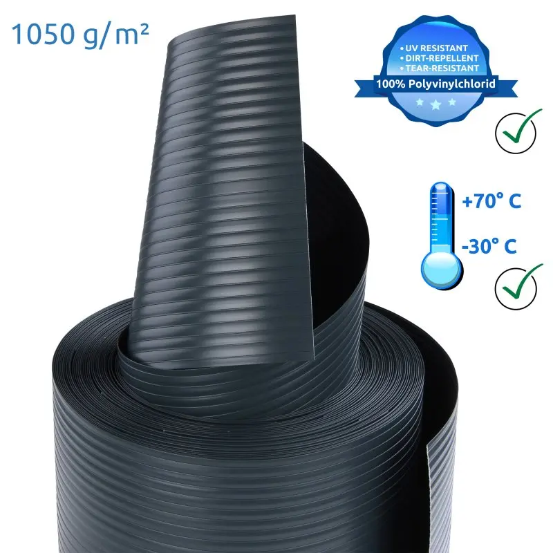 Bande de protection pour clôture yourGEAR en PVC rigide nervuré, 252x19 cm, 1050 g/m², résistante aux UV, aux déchirures, aux salissures, utilisable de -30°C à +70°C, couleur gris foncé.