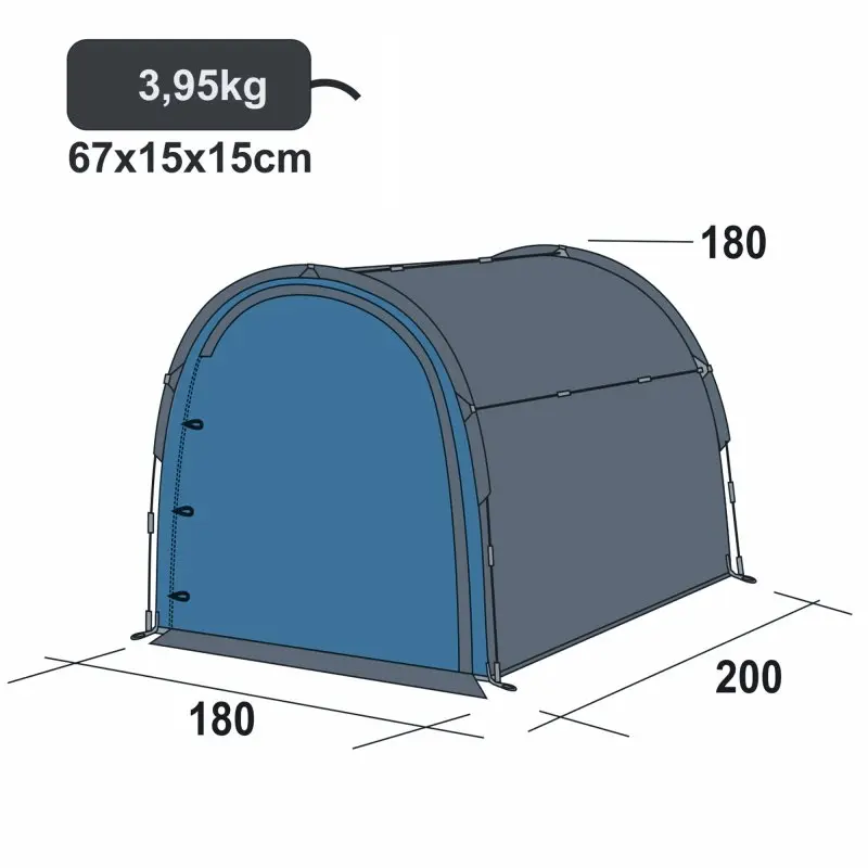 Tente tunnel your GEAR Vento 200x180x180 cm, couleur bleu et gris, dimensions indiquées, poids 3,95 kg, sac 67x15x15 cm, idéale comme abri vélo, cuisine ou stockage, protection UV 50+.