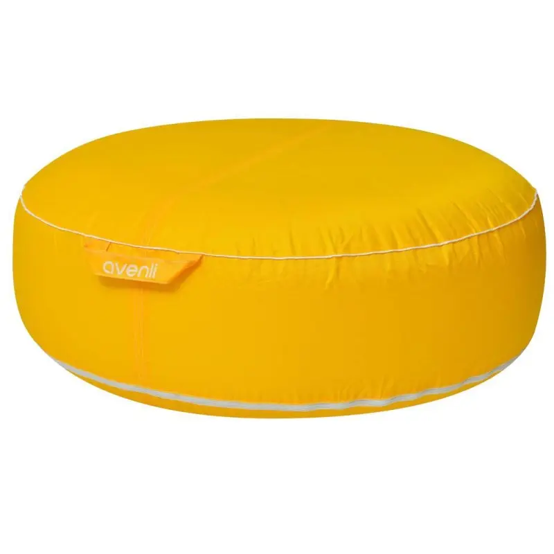Yellow Avenli Pouf inflatable outdoor seat cushion, round shape, 98x38cm, durable UV- and water-resistant fabric, suitable for garden, patio, or indoor use. Features a carry handle with "avenli" logo.