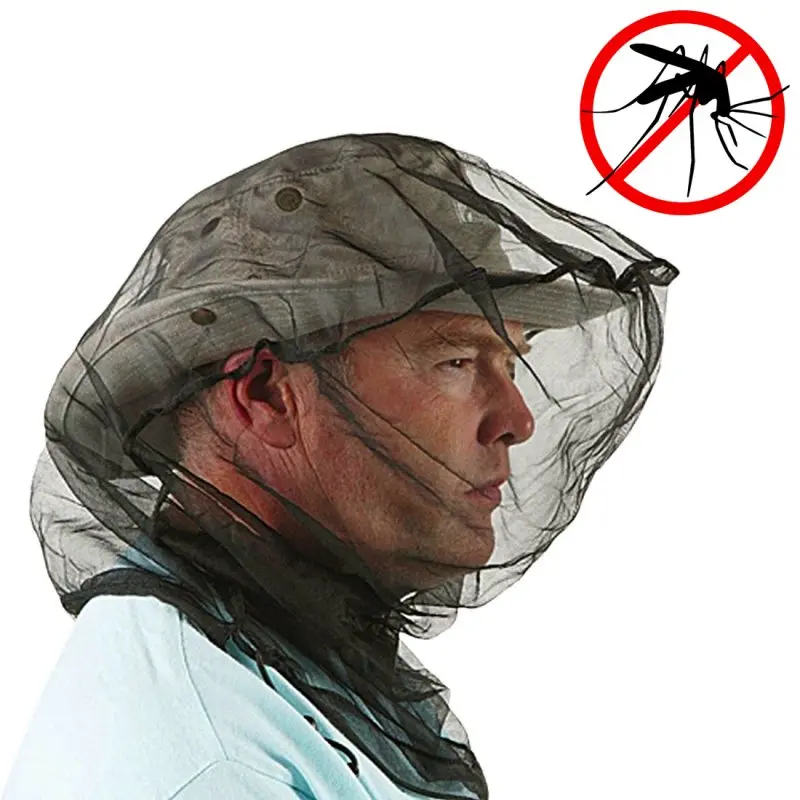 Trekmates mosquito head net made of fine black mesh, worn over a hat for insect protection, with an adjustable elastic neck closure; ideal for outdoor use. Red mosquito symbol indicates insect repellent function.