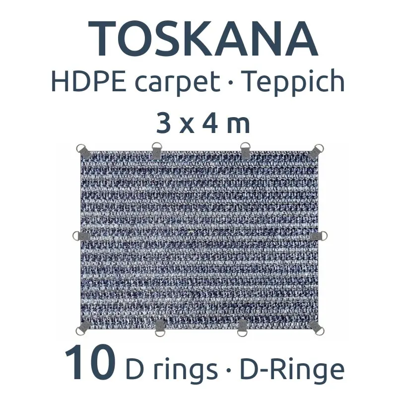 Tapis de tente your GEAR Toskana 300 x 400 cm en HDPE, motif gris-bleu, 10 anneaux en D pour fixation, surface respirante et résistante aux intempéries, idéal pour le camping et l’extérieur.