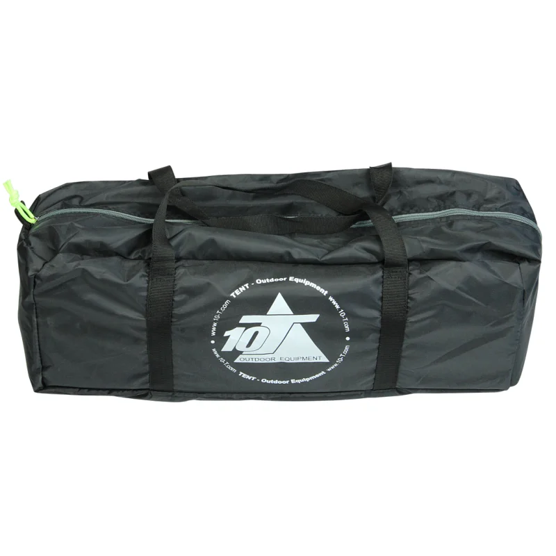 Sac de transport noir du 10T Mungaroo 3, tente de camping pour 3 personnes, avec logo 10T Outdoor Equipment visible, deux poignées robustes et fermeture éclair, idéal pour activités de plein air.
