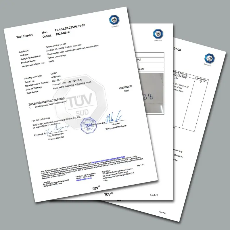 Trois certificats TÜV pour la yourGEAR Katmai, Hängematte camouflage 270x140 cm, nylon léger 60g/m², charge 240kg, attestant la conformité, la sécurité et la résistance du produit.