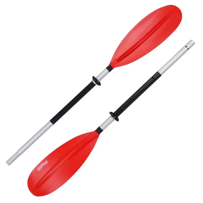 Two-piece kayak paddle with red blades and a silver and black shaft, shown separated and assembled on a white background.