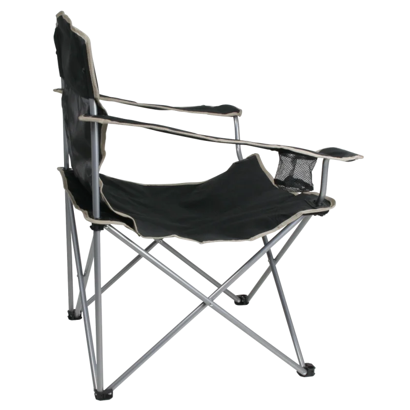 Sedia da campeggio pieghevole 10T Quickfold Easy, struttura in metallo, seduta nera con bordi chiari, braccioli e portabicchieri integrato, ideale per outdoor, pesca e campeggio, portata max 120kg.
