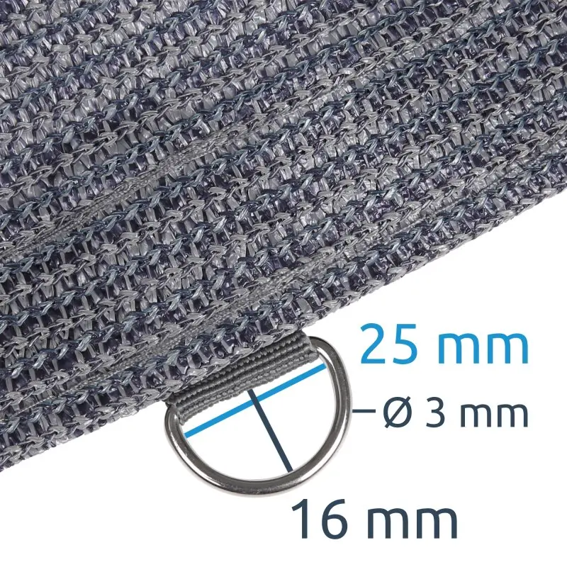 Dettaglio del tappeto da veranda your GEAR Toskana 300 x 600 cm in HDPE grigio-blu, con anello a D in metallo per il fissaggio e misure evidenziate: 25 mm, 16 mm, diametro 3 mm. Tessitura resistente e traspirante.