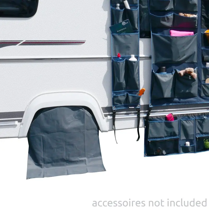 Wheel cover set for 16/17 inch caravan or motorhome tires by yourGEAR, shown installed on a white vehicle. The UV-protective, grey fabric cover shields the wheel and lower body from sun and dirt.
