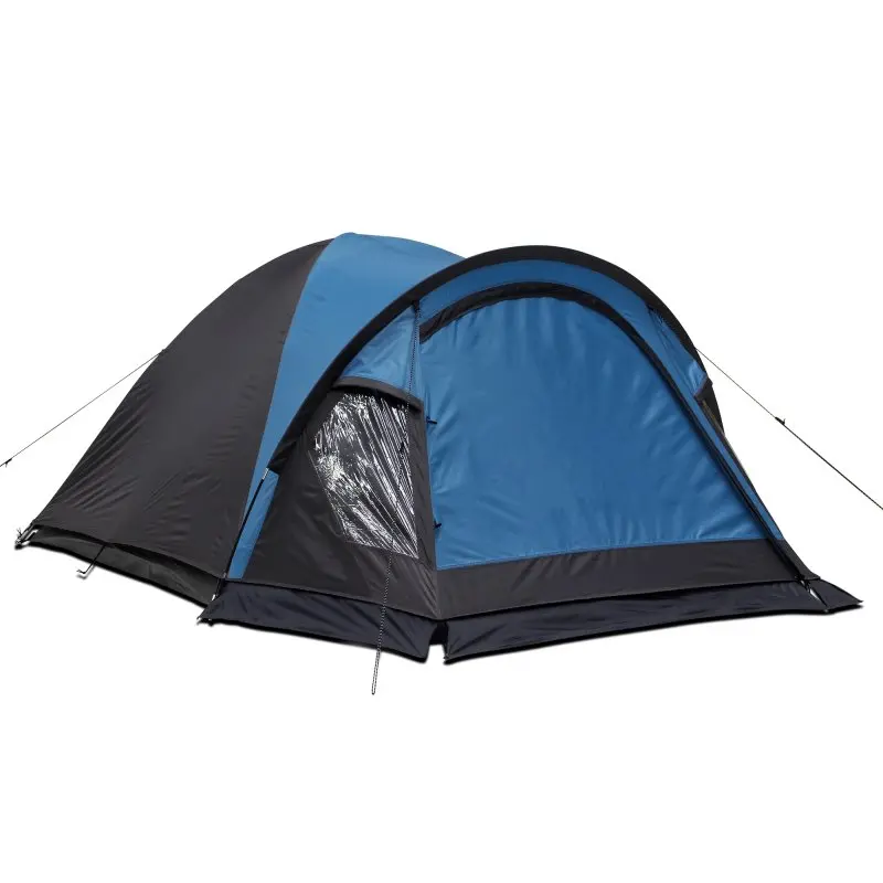 Blue and grey your GEAR Tivano 3-person dome tent with large vestibule, window, groundsheet, and ventilation. Waterproof camping tent, suitable for festivals and tours, shown fully assembled.