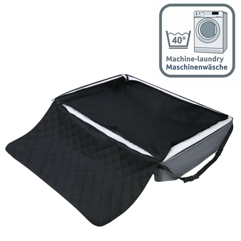 Hundebett für den Kofferraum, 100 x 70 cm, mit gepolsterten Seitenwänden und ausklappbarem Stoßstangenschutz, schwarze Oberfläche, maschinenwaschbar bei 40 Grad, geeignet für alle Fahrzeuggrößen.