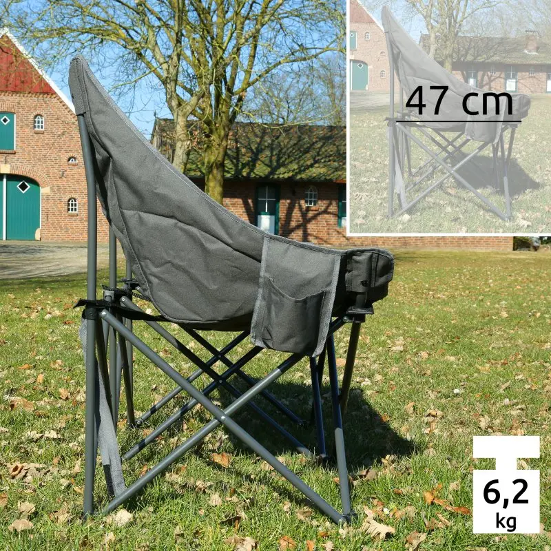 Divano da campeggio your GEAR Modena XXL per 2 persone, struttura in acciaio, tessuto Oxford grigio imbottito, pieghevole, altezza seduta 47 cm, portata 320 kg, peso 6,2 kg, tasche laterali, uso outdoor.