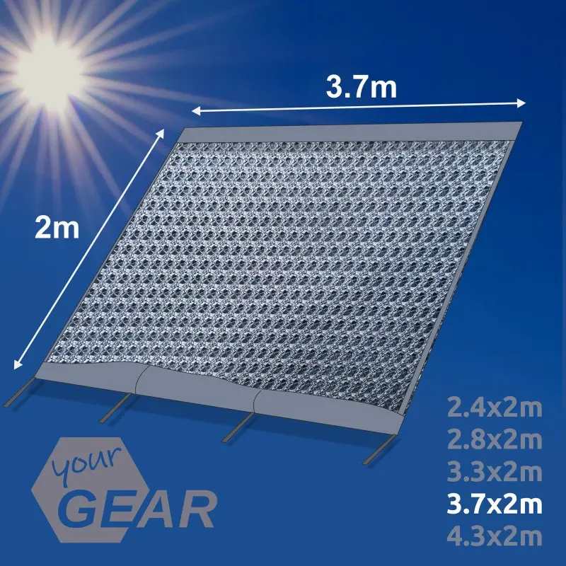 Panel frontal para toldo your GEAR Sun + Rain Blocker de 3,7 x 2 m, doble pared, tejido especial, protección solar, viento y lluvia, con ojales y medidas ilustradas sobre fondo azul. Ideal para caravanas y camping.