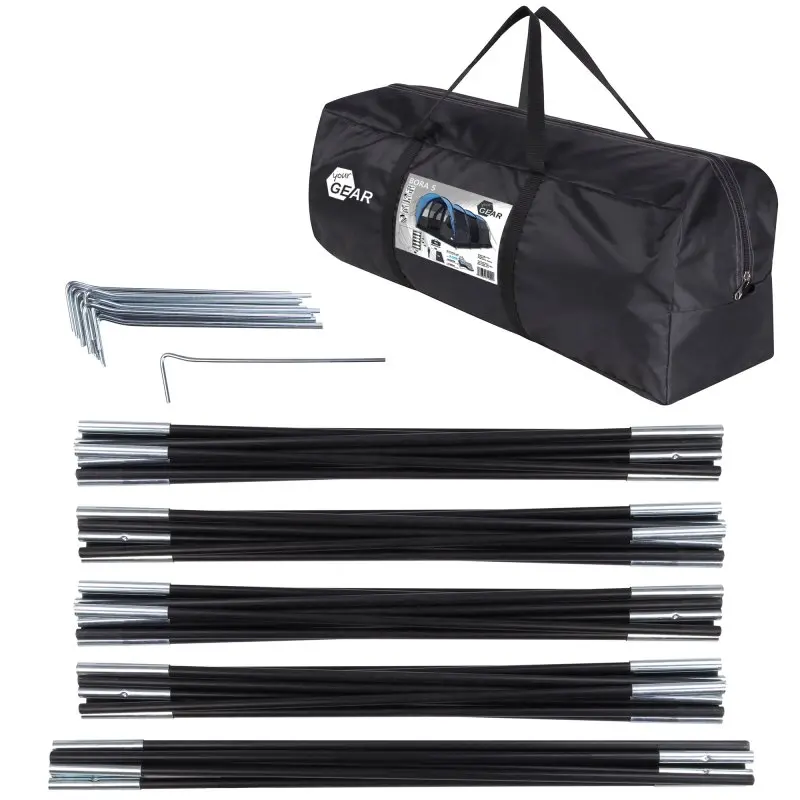 Sac de transport noir your GEAR Bora 5 avec piquets en métal et arceaux de tente, adapté au tunnel de camping familial pour 5 personnes, rangement compact et accessoires inclus, idéal pour le camping en groupe.