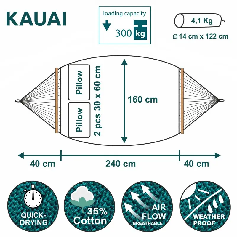 Hamac yourGEAR Kauai 240x160 cm vert, capacité 300 kg, 35% coton, 2 coussins 30x60 cm, séchage rapide, respirant, imperméable, avec barres en bois et kit de fixation, poids 4,1 kg.