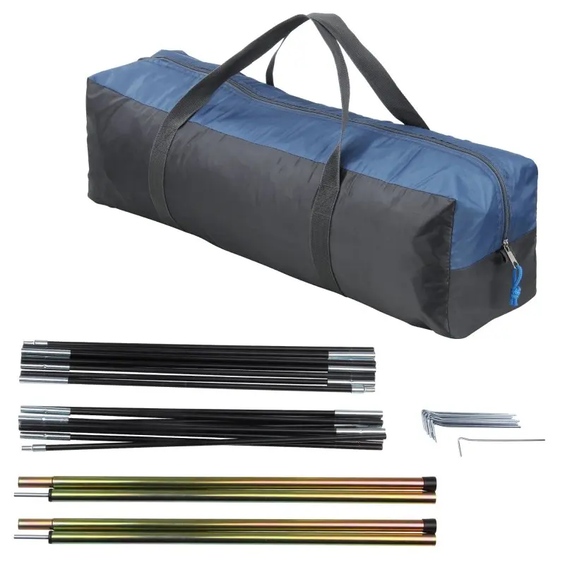 Sac de transport bleu et gris pour tente yourGEAR Bosa 3 personnes, accompagné de piquets, arceaux en métal et accessoires pour montage, adaptés au camping et festivals, vue du kit complet.