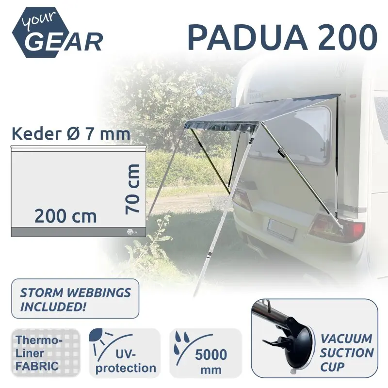 Markise your GEAR Padua 200 x 70 cm für Wohnwagenfenster, 7 mm Keder, UV 80+ Sonnenschutz, stabiles Aluminiumgestänge, Thermo-Liner-Gewebe, wasserdicht, mit Saugnapf und Sturmbändern.