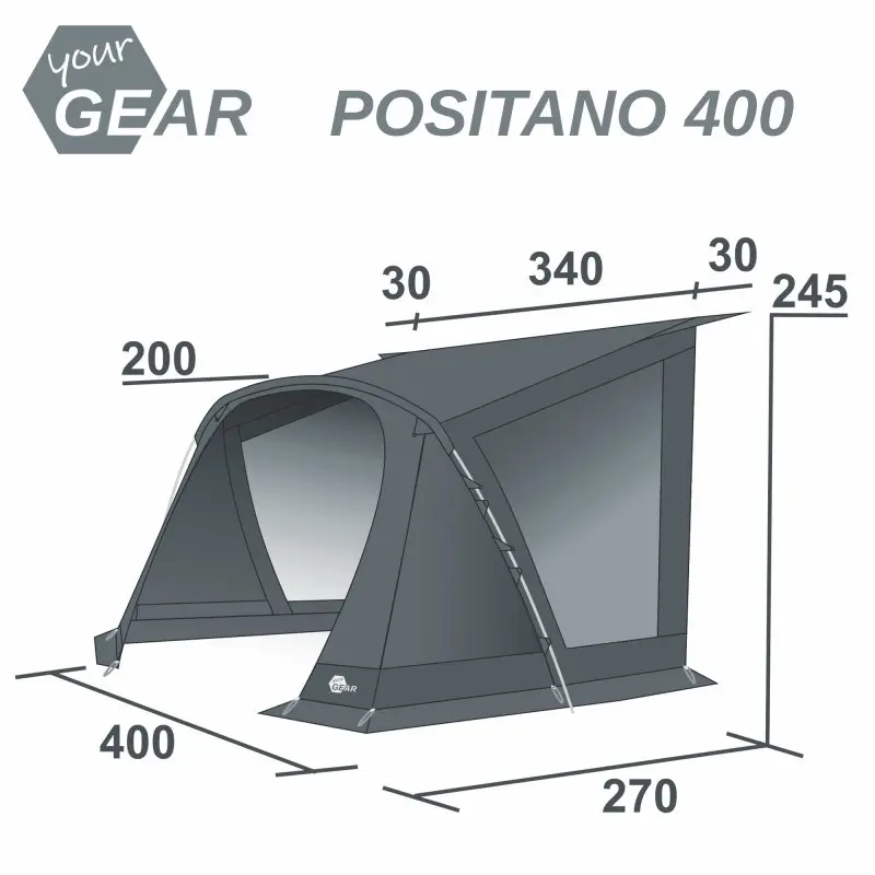 your GEAR Vorzelt Positano 400 mit 4 großen Fenstern, breiter Tür, Maßen 400x270x245 cm. Leichtes Wohnwagenvorzelt, UV-Schutz 50+, stabiles Aluminium-Gestänge, großes Sonnendach, dunkelgraues Design.
