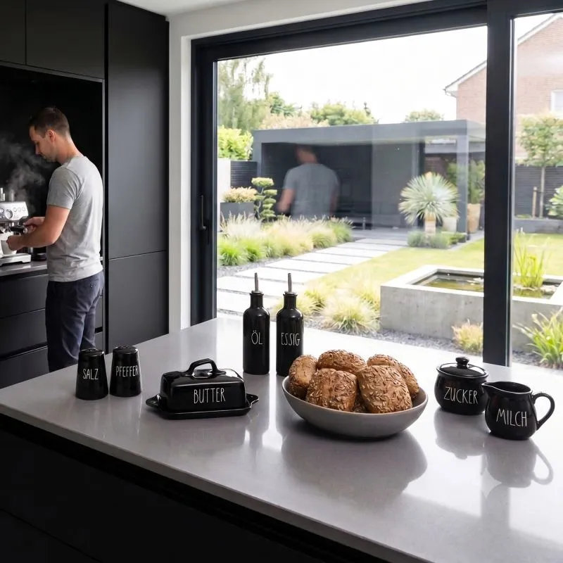 PURWERK Milch und Zucker Set Schwarz Keramik – Hammerschlag-Design