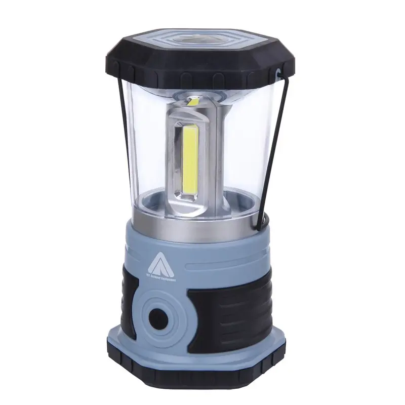 Blue 10T HPL 800 camping lantern with 800 lumens, 3 COB LEDs, 15W power, black accents, sturdy handle, and 360-degree light output. Ideal for outdoor use, waterproof design, and visible power button.