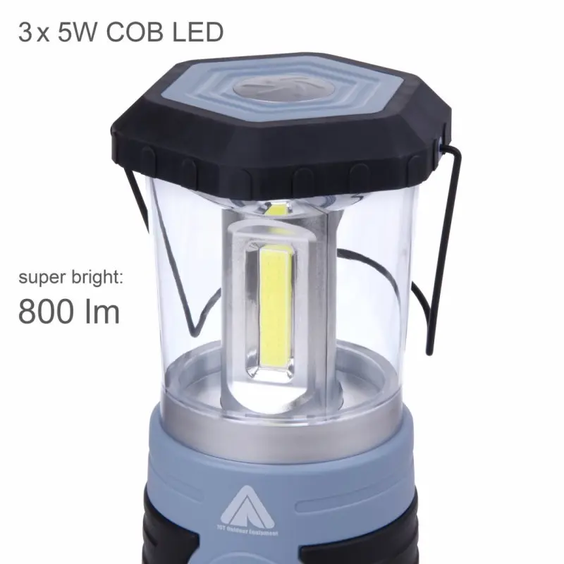Blue 10T HPL 800 camping lantern with 3 COB LED strips, 15W power, 800 lumens brightness, black hexagonal top, clear casing, and foldable handle; ideal for outdoor and camping use.