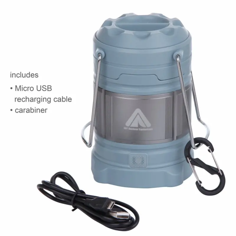 Blue 10T CPL 185 camping lantern with 15 LEDs, 185 lumens, built-in 4800mAh power bank, two metal handles, carabiner attached, and included micro USB charging cable; ideal for outdoor use.