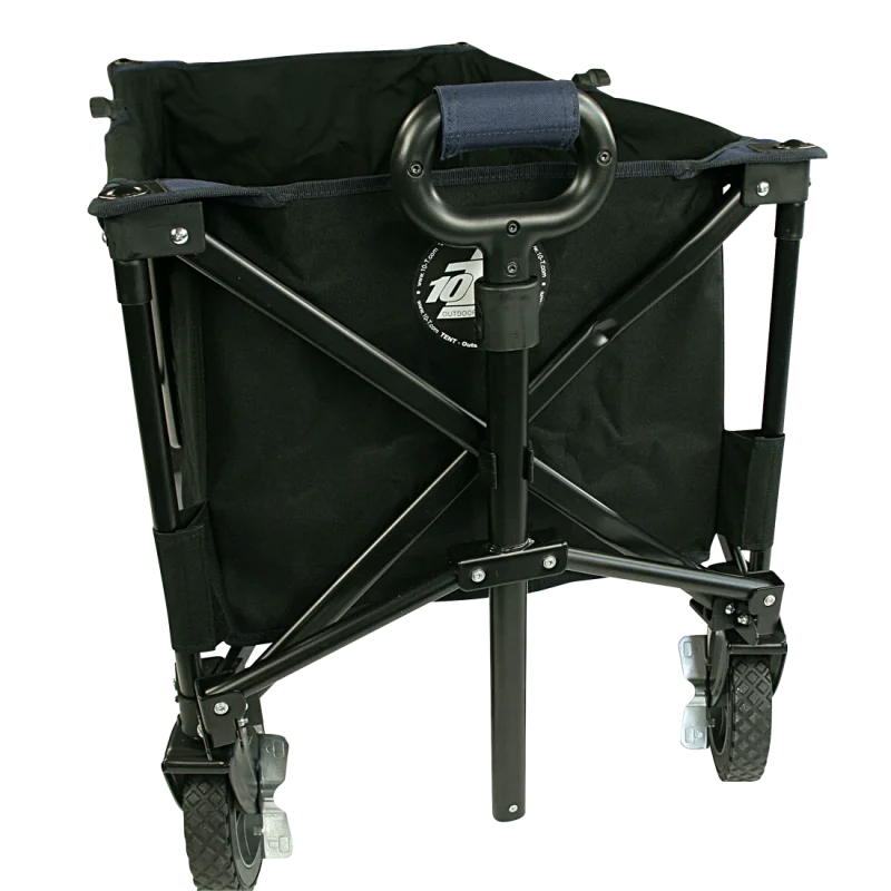 Chariot pliant 10T Foldy Trolley XL noir, structure en métal robuste, roues larges pour tous terrains, poignée ergonomique, tissu résistant, idéal pour plage, jardin ou transport d’objets volumineux.