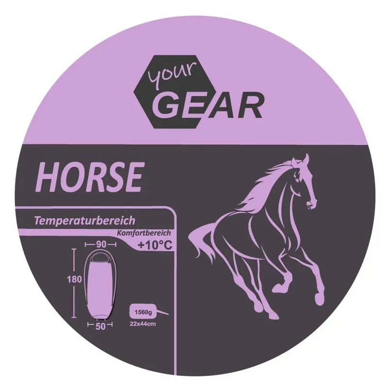 Sac de couchage enfant yourGEAR Horse, forme momie, motif cheval, couleur rose et gris, dimensions 180x90 cm, épaisseur 300 g/m², confort +10°C, adapté pour l’été, visuel doux et chaleureux.