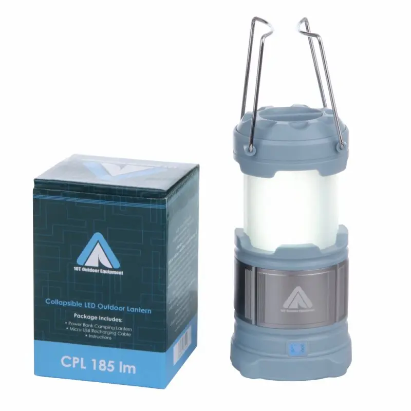 Blue 10T CPL 185 camping lantern with 15 LEDs, 185 lumens, 4800mAh power bank, and metal handles. Shown next to product box with 10T Outdoor Equipment logo. Collapsible and splash-proof design.