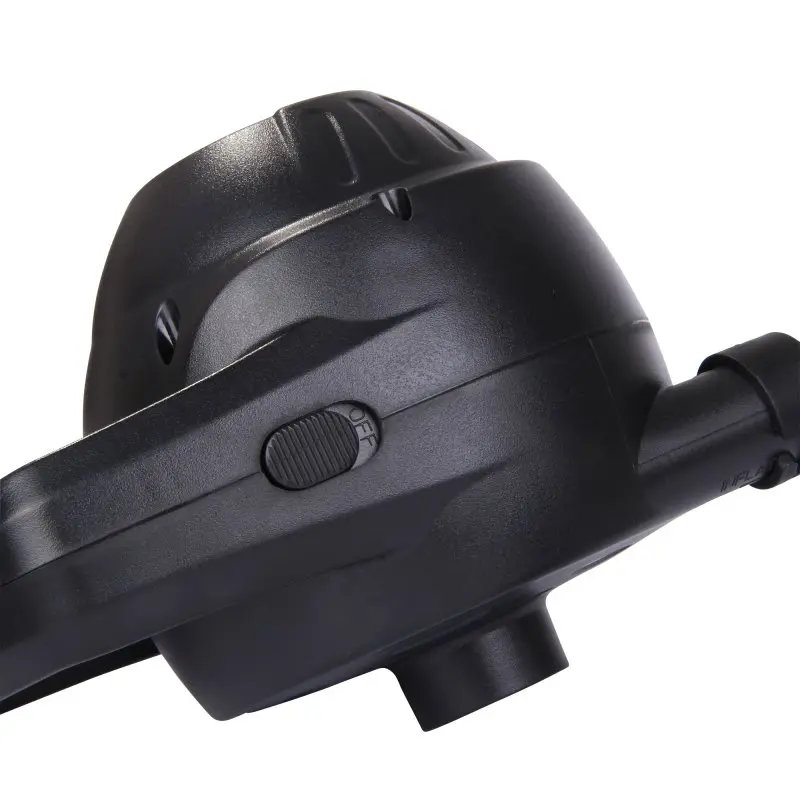 Bomba de aire eléctrica Blueborn P110 de 12V, 110W, color negro, con interruptor visible y boquillas de inflado y desinflado, diseñada para inflar colchones, juguetes acuáticos y piscinas.
